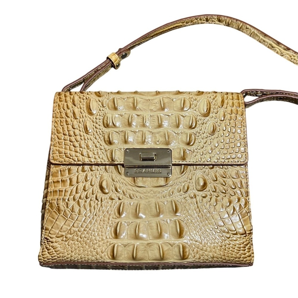 Brahmin Crossbody Bag Womens Tan Melbourne Croc Embossed Leather Gold Hardware